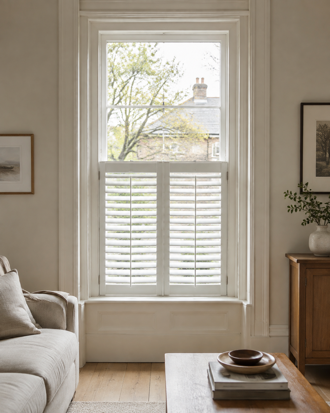 Café Style plantation shutters covering the lower half of a window