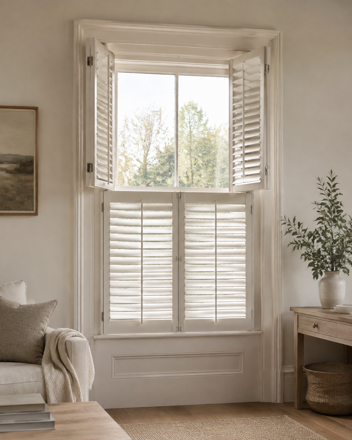 Tier-on-Tier plantation shutters with separately opening upper and lower sections